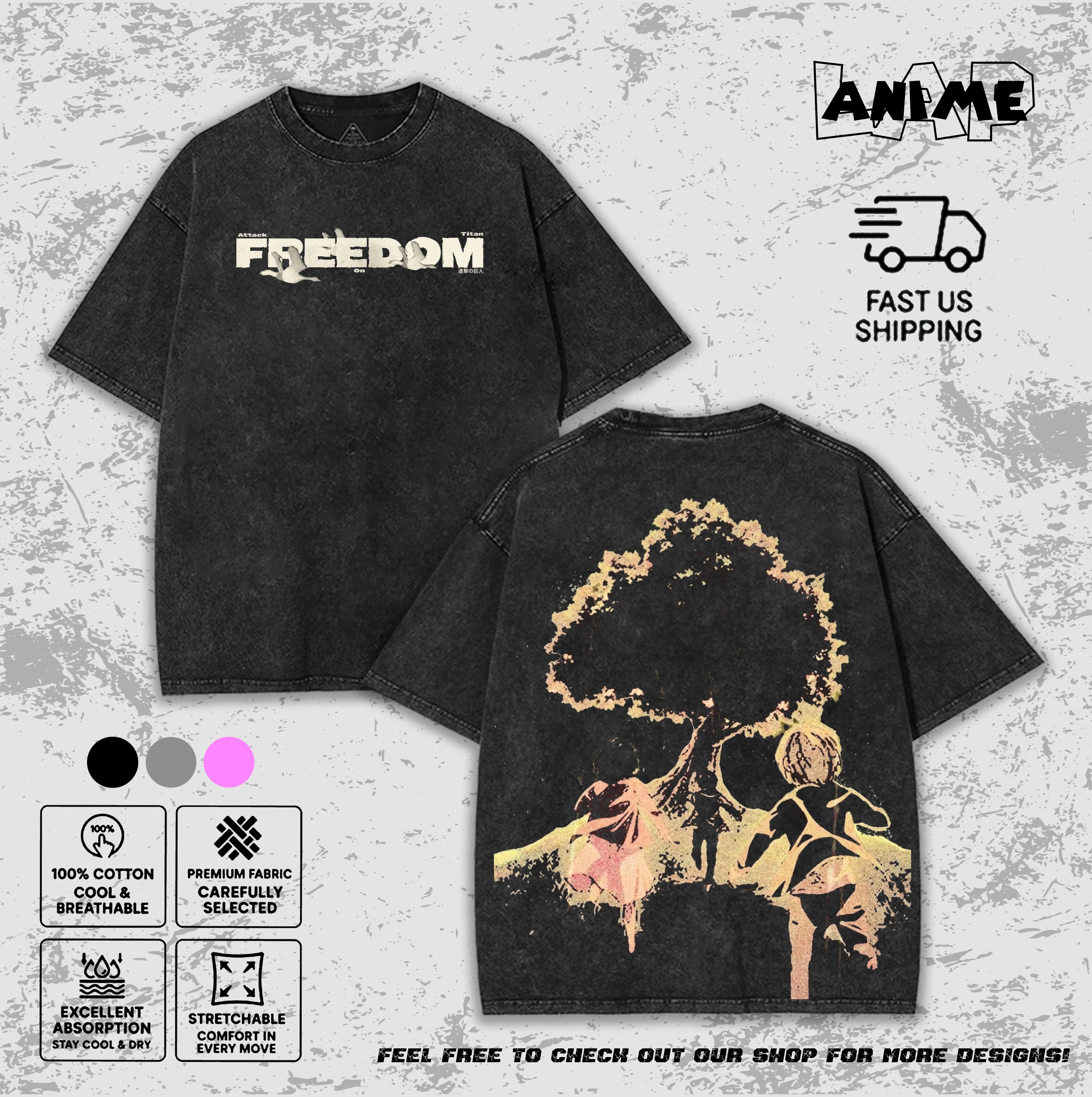 Attack on Titan Eren Mikasa Armin Freedom Tree Vintage Washed Anime T-Shirt Streetwear Graphic Tee for Men and Women Unisex Manga Shirt