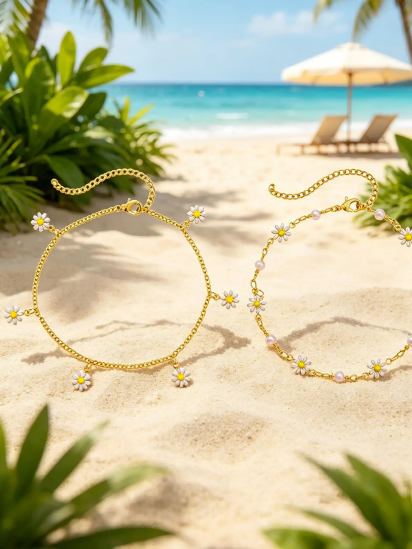 Bohemian Pearl Daisy Flower 2pcs Anklet Beach Style Anklet Summer Jewelry