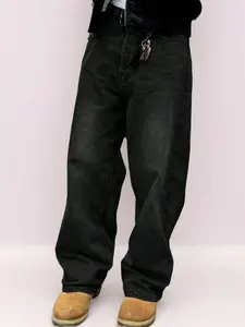 Men's Baggy Wide-Leg Denim Jeans - Charcoal Vintage Washed Heavyweight Cotton, 1990s Skater Vibe Loose-Fitting Streetwear Bottoms, Male Clothing (Vintage Apparel)