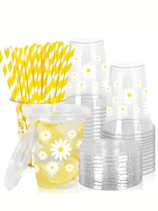 12oz 20 Pack Daisy Themed Party Cups Set - Disposable Plastic Cups with Lids and Striped Straws, Perfect for Picnics, Weddings, Kids’Parties
