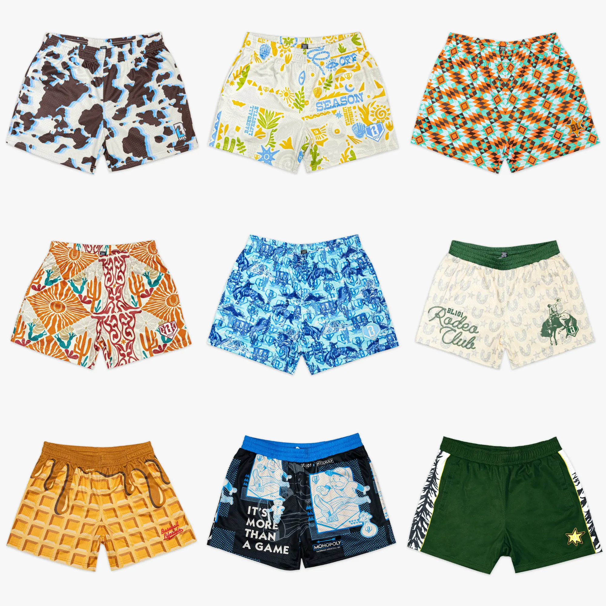 [ Baseball - 101 Short ] Vintage Mesh Sports Shorts - Graphic Mesh Shorts - Breathable Western, Rodeo & Aztec Basketball Shorts with Pockets for Men