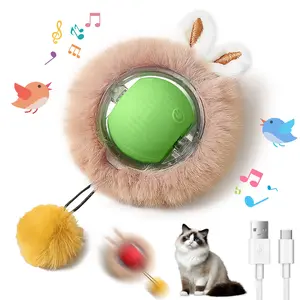 Interactive Electric Plush Cat Toy Ball-Interactive Cat Toys for Indoor Cats,Motion Activated Automatic Moving Ball with Lights,Electric Self Rotating Ball with Chirping,with Fluffy Tail and Bunny Ears for Indoor Pets