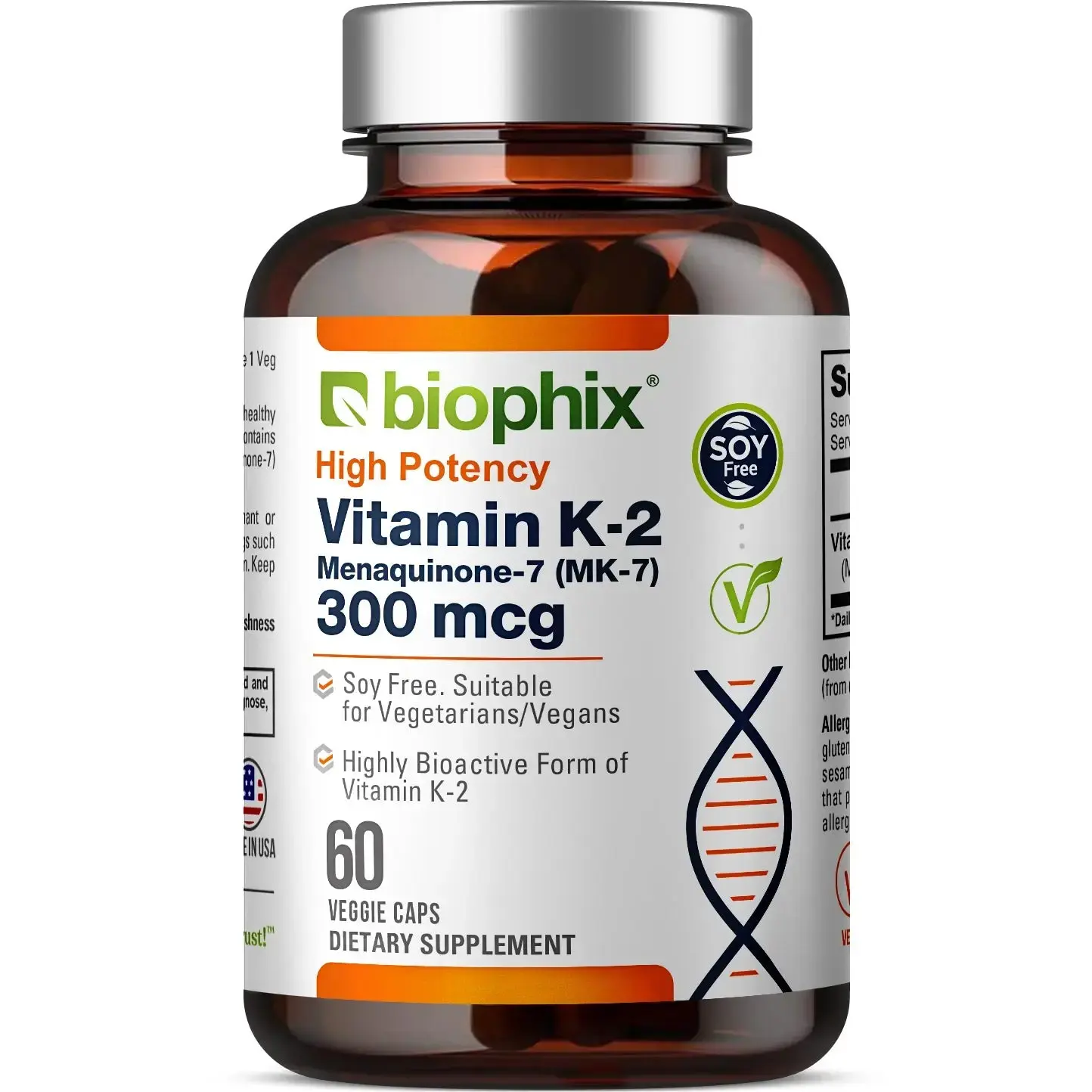 Biophix High Potency Vitamin K2 MK-7 300 mcg 60 Vegan Capsules Soy-Free Dietary Supplement for Superior Absorption US Healthcare Natural