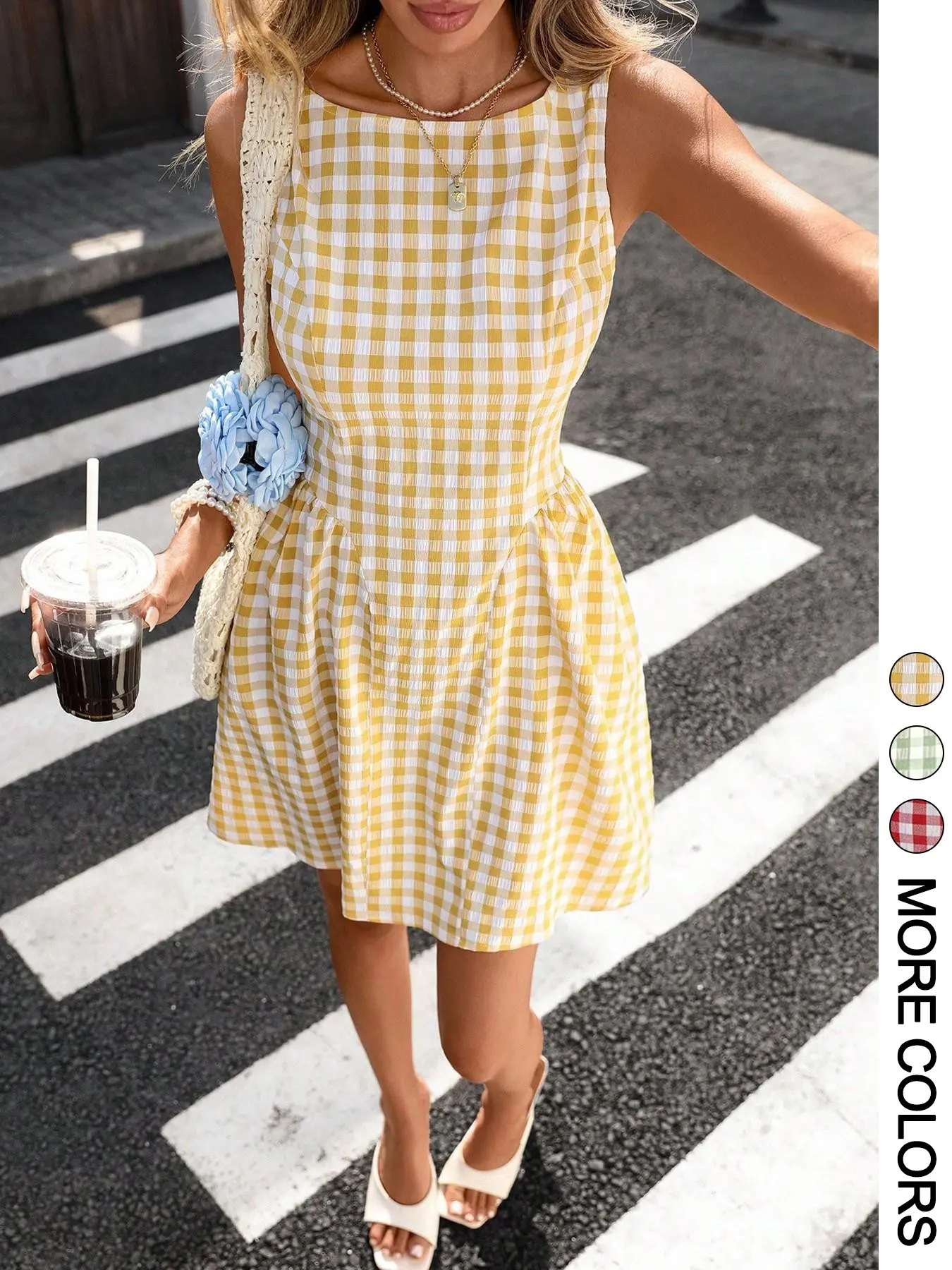 Women's Gingham Check Sleeveless Mini Dress, Round Neck, Open Back, Waist Tie Belt, A-Line Flared Skirt, Light Crinkled Woven Fabric, Versatile for Brunch, Picnic, Vacation, Date, Casual Fashionable Dress
