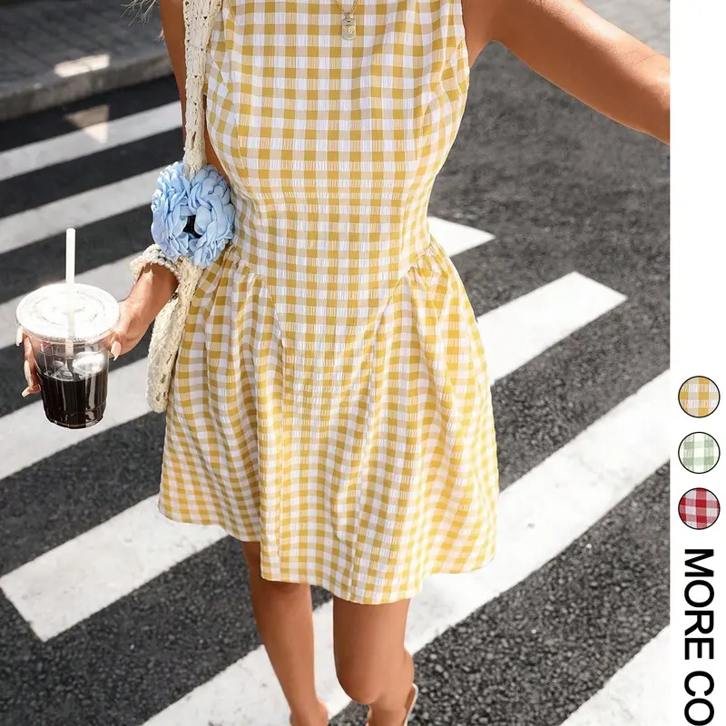 Women's Gingham Check Sleeveless Mini Dress, Round Neck, Open Back, Waist Tie Belt, A-Line Flared Skirt, Light Crinkled Woven Fabric, Versatile for Brunch, Picnic, Vacation, Date, Casual Fashionable Dress