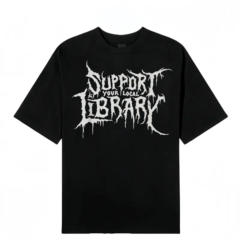 Women's Cotton Tshirt, Dark Aesthetic Shortsleeve Top with Round Neck, Vintage 'Support Your Local Library' Graphic Print, Distressed Finish, Unisex, Women's Tops, Vintage Graphic Tees, Casual, Gothic, Crew Neck, Figure, Unisex Cut Fits Many Styles, Fitte