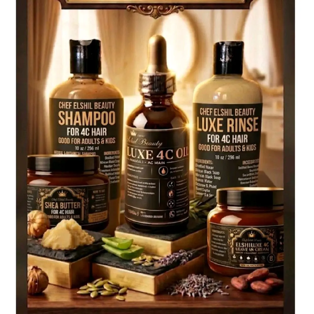 Elshiluxe 5 Phase 4C Hair Set - Wellness Solution with Oil, Butter Leave-In Cream, Shampoo, Conditioner for Stiff Hair, Root-to-Tip Protection, Smoothness
