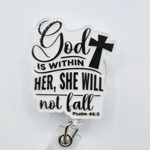 God is Within Her, She Will Not Fall Psalm 46:5 Bible Verse Acrylic Retractable Badge ID Reel Belt or Alligator Clip