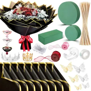 Bouquet Kit 20 Sheet Flower Wrapping Paper 100 Pcs Bamboo Skewers Floral Foam Blocks for Anniversary Birthday Gift Graduation Mother's Day(Black)