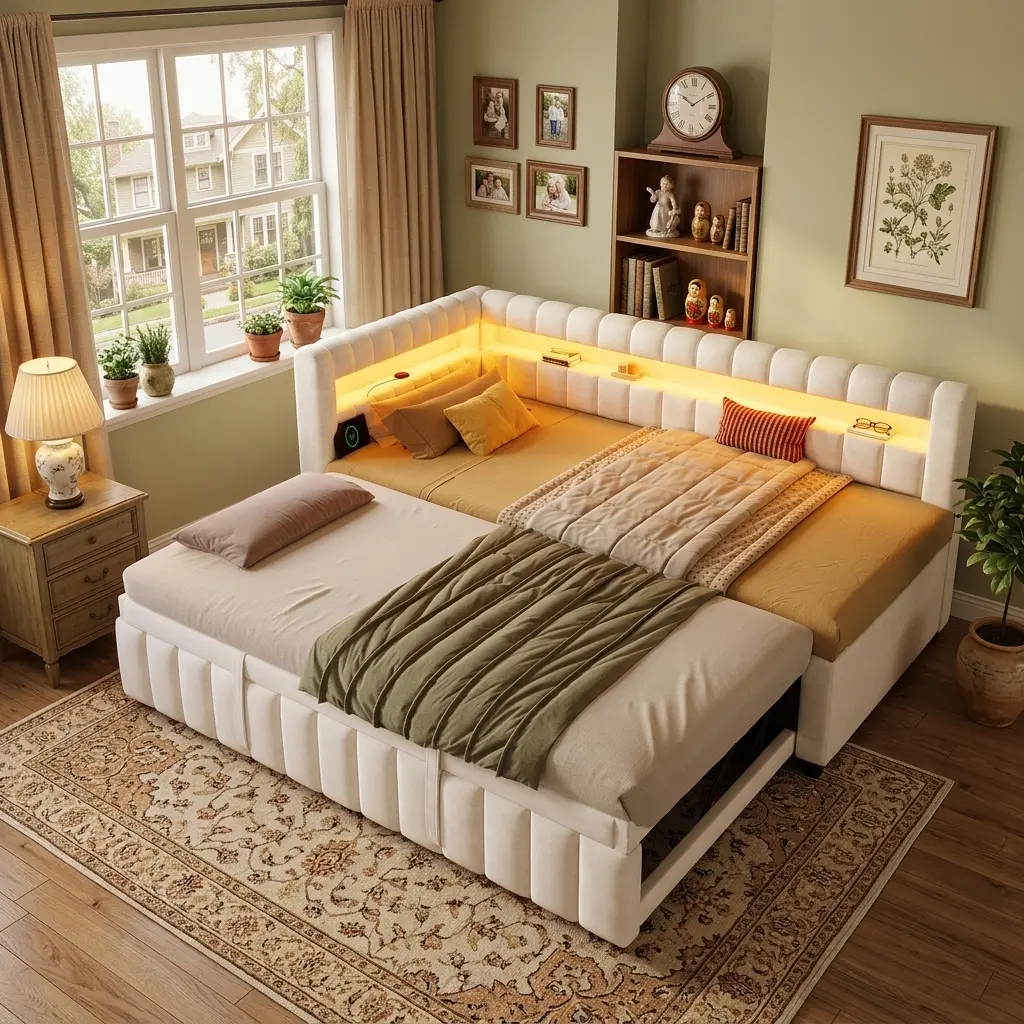 Twin XL to King Convertible Daybed with Pull-Out Trundle, Upholstered Daybed with LED Lights & USB Charging Ports, , No Box Spring Needed, No Mattress