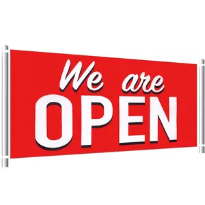 We're open! We specialize in open-air signage, outdoor and indoor lawn signs, and decorative banners for stores.