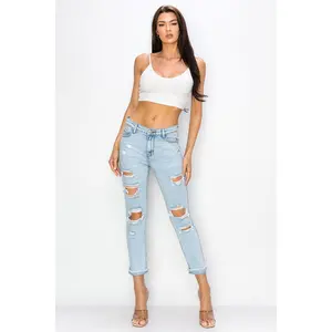 Khloe - High Rise Destructed Roll Fray Mom Jeans