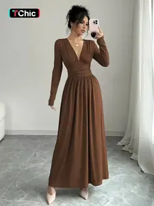 Elegant Women's V Neck Long Sleeve Knit Dress, High Elasticity Pleated A-Line Maxi Dress, Layered Wear Underdress