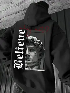 Men's Hooded Sweatshirt David Statue Print, Casual Fitted Daily Wear, Trendy Christmas Outerwear, Spring & Fall Fashion
