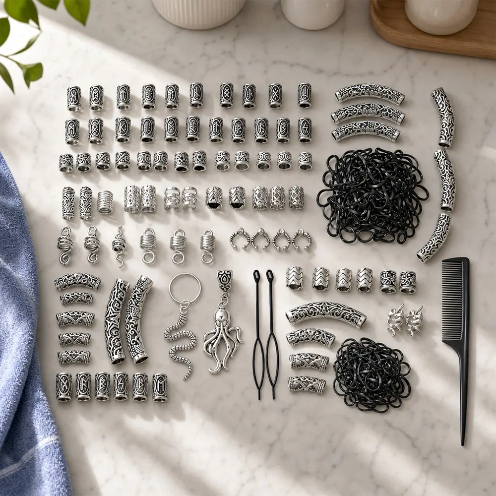 247 pcs Nordic Runes Tube Beads Metal Clips Cuffs Rings Vikings Jewelry DIY Jewelry Hair Decoration Braiding Beard Decoration Bracelets Pendant Necklace