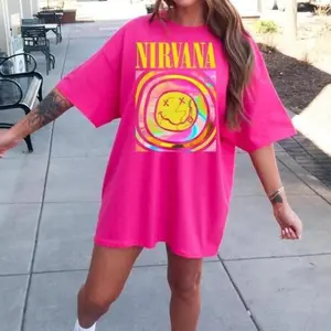 Outfit Y2K Nirvana Shirt Nirvana Preppy 90’s Utero Nirvana Tour Album Unisex Hot Pink Vintage Rock Band Oversized Merch Shirt Sweater Blue Smiley Graphic Tee Face Crewneck Classic T-shirt Clothing Cotton Fabric Womenswear Collar