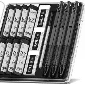 Mechanical Graphite Pencil Set, 3 count Black Metal Pencils with Anti-Skid Grip, Ideal for Artists, Professionals, Teachers and Students