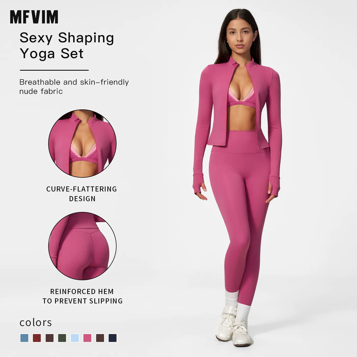 MFVIM women’s soft, stretchy three-piece shaping yoga set: stand collar zip-up jacket + V-neck sports bra + high-waisted anti-slip yoga leggings, skin-friendly nude-feel fabric slim-fit activewear set