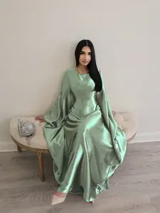 L776(1‑Piece Shiny Sage Green Satin Batwing Sleeve Abaya, Elegant Formal Modest Muslim Maxi Dress for Party Wear)