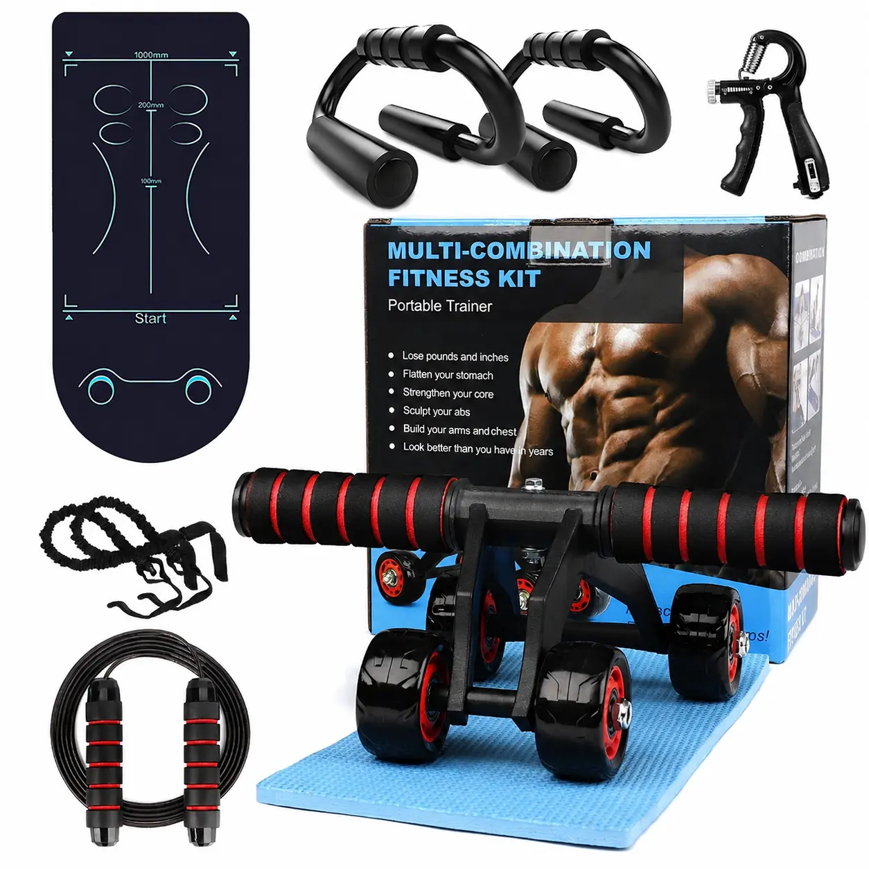 Home Gym Workout Equipment Set 6-in-1 | Ab Roller Wheel, Push-Up Handles, Resistance Bands, Jump Rope, Grip Strength Trainer & Exercise Mat | Full Body Training Kit