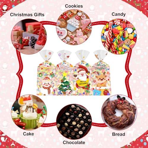100 Pcs Christmas Treat Bags - Cute Merry Christmas Cellophane Bags, Plastic Christmass Gift Bags Bulk, Clear Winter Xmas Candy Cello Goodie Bag with Twist Ties for Xmas Party Favors Supplies