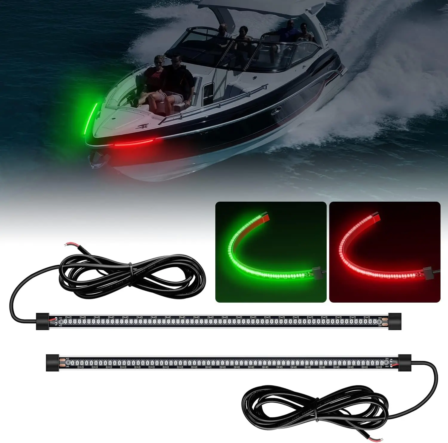 Nilight 2PCS 13in Single Row 66-LED Red Green Silicone Marine Bow Navigation Light Strips - 12V IP68 Waterproof Peel-and-Stick Vehicle Accessories, for Outboard Motors, Kayaks (Minimalism Design, LED Lights), Outboard Motor
