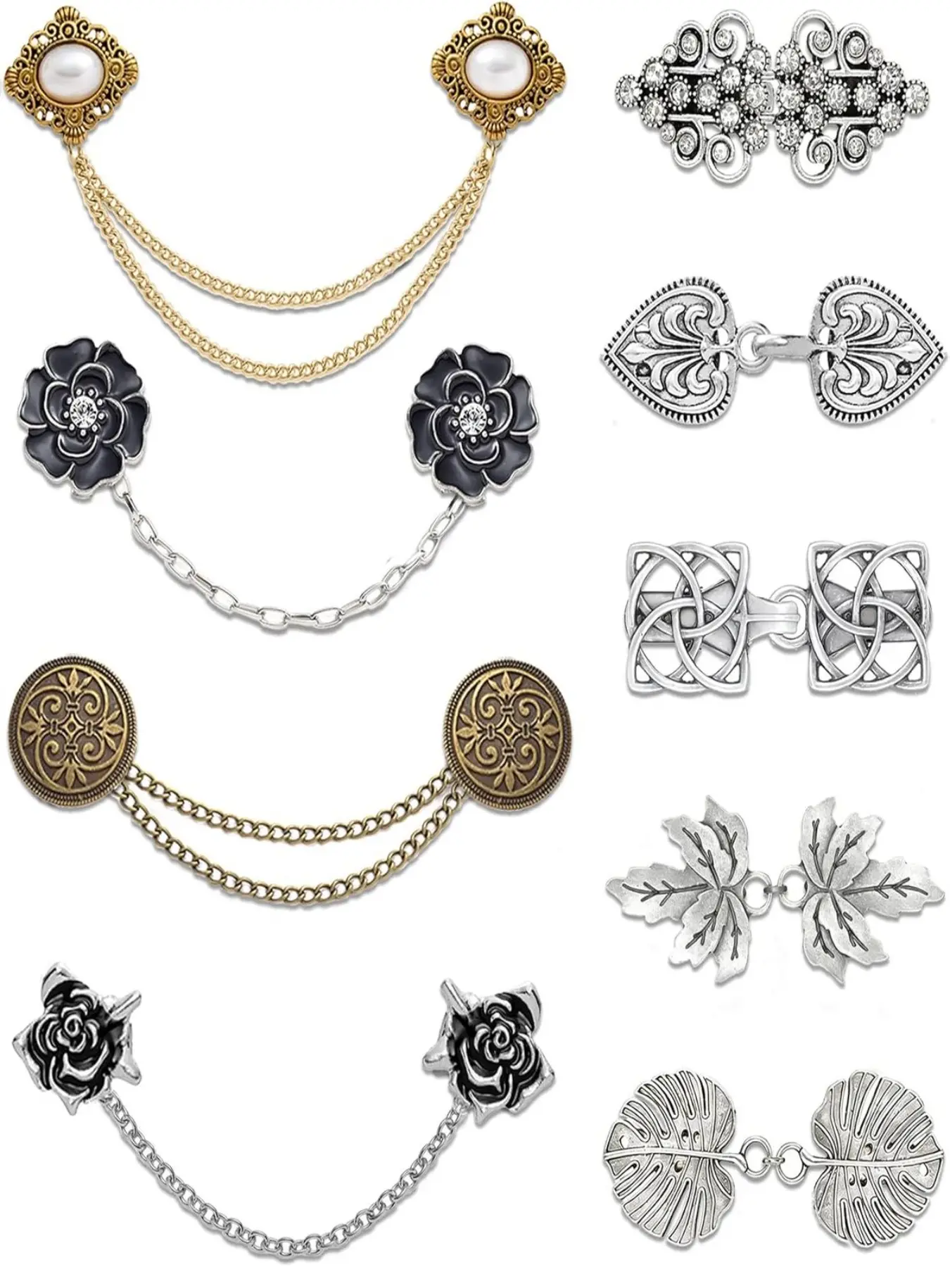 Vintage Sweater Cardigan Shawl Chain Clips Swirl Cape Cloak Collar Clasp Pin Retro Shirt Dress Lapel Exquisite Brooch Floral Brooch Pins Rose Flower Leaf Pearl Heart Rhinestone Renaissance Brooch Clip For Women Men