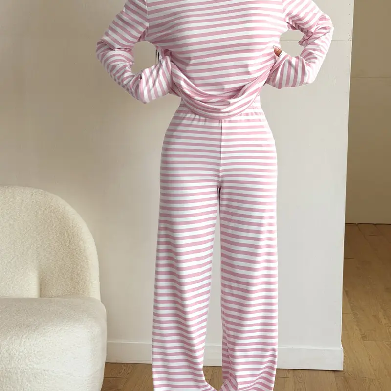 Women's Pink & White Striped Two-Piece Pajama Set, Long Sleeve Crew-Neck Top & High-Waist Wide-Leg Pants, Soft Stretch Casual Lounge Wear for Daily Wear