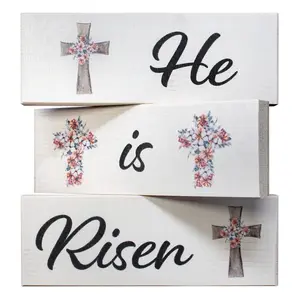 JennyGems He Is Risen Wooden Sign Set, Tiered Tray and Tabletop Easter Decor, Christian Easter, Made in USA