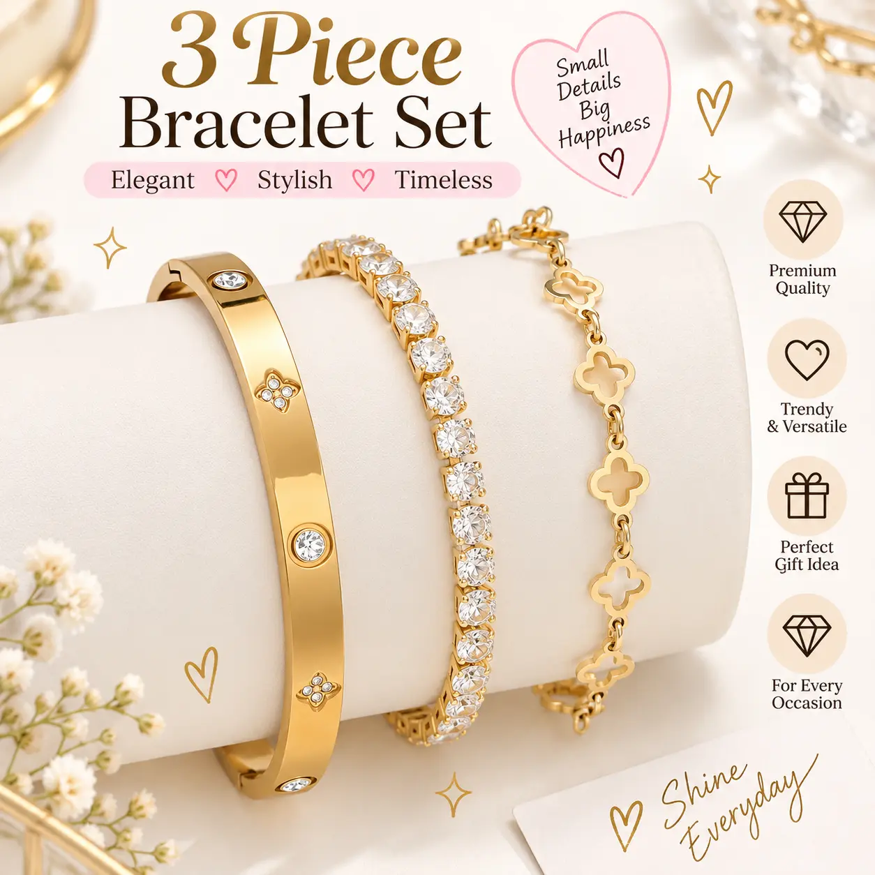 Fall Halloween Gift Women's 3-Pack Stainless Steel Bracelet & Bangle Set -Clover Charm, Gold Aesthetic, Bling Effect, Shiny Elegant Costume Jewelry, Non-Tarnish, Stackable Accessories, Ideal for Anniversary Gifts, Bracelets for Women, Va