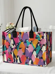 1 piece of colorful penguin pattern 2D printed large capacity storage bag, extra large storage bag, sturdy handle, space-saving multi-purpose, suitable for going to school, traveling, shopping