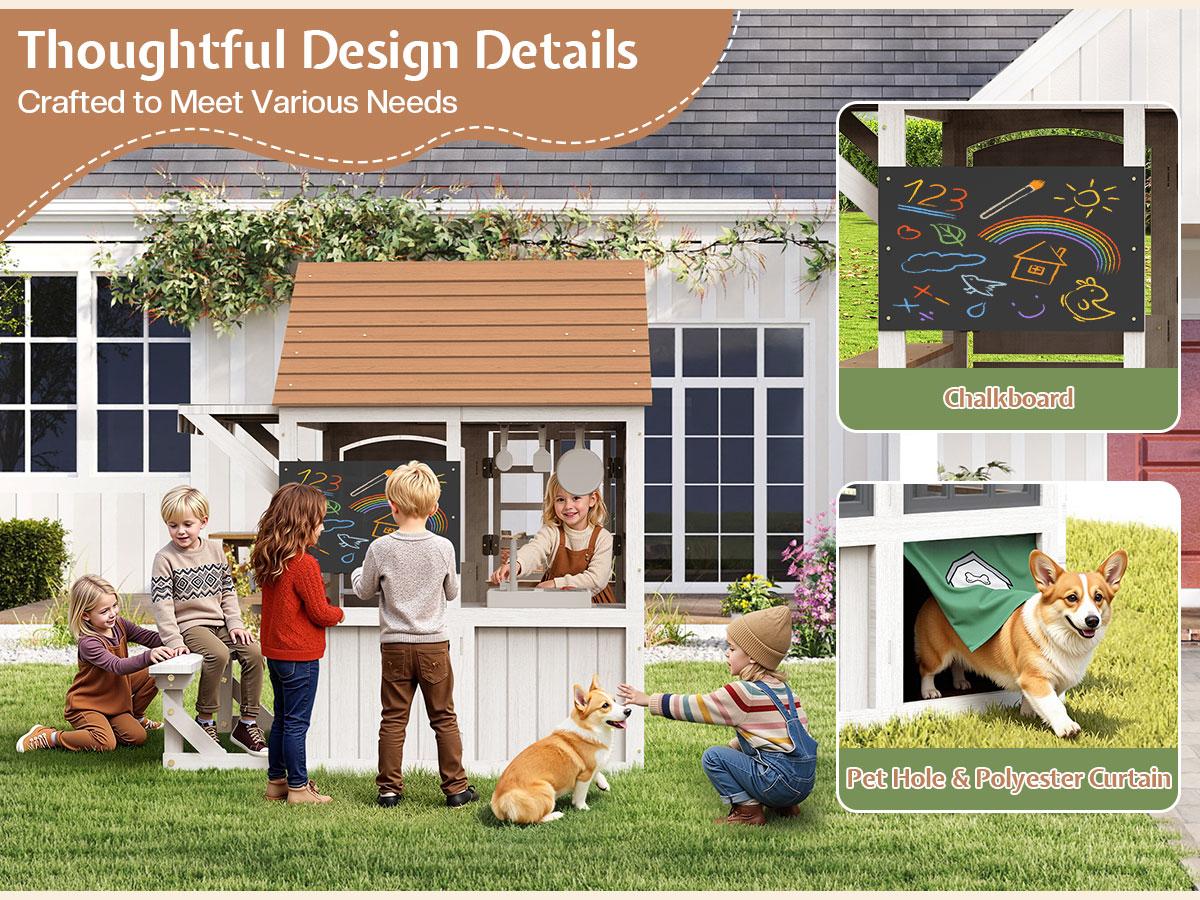 ALBOTT Kids Outdoor Wooden Playhouse with Kitchen Set, Durable Fir Wood Construction with Waterproof Roof & Rust-Resistant Hinges, Pretend Playhouse for 3–8 Years Old Boys & Girls