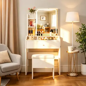 White Small Makeup Vanity Desk Set with Mirror, Lights, Storage Drawer, Chair, 3 Shelves & Large Beauty Slide - Bedroom Makeup Organizer