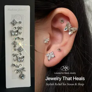 elegant minimalist Non-Piercing Ear Seeds Jewelry – Silver Bow, Butterfly, Heart Charm & Crystal Studs | Magnetic Auricular Point Stickers for Relaxation & Style non pierce gothic star Clip-On ear seed earrings
