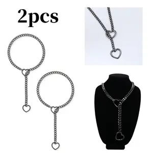 2 Pack Adjustable Lariat Y-Necklace Punk Rock Stainless Steel Necklace Heart-shaped Ring Sliding Chain Necklace Fashion Accessories necklace jewelry accessory