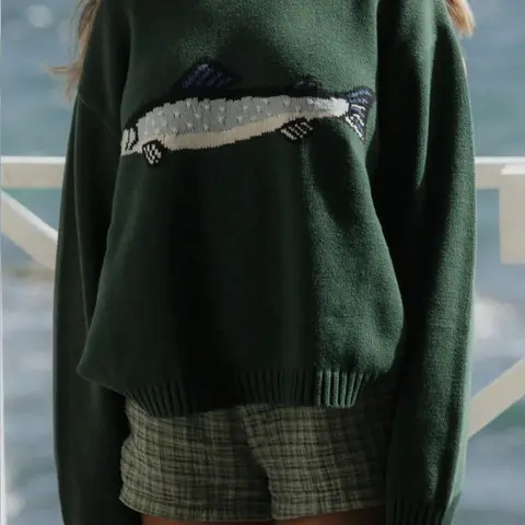 New Fashion Women's Sweater Tops, Autumn Winter Loose High Elastic Fit Round Neck Long Sleeve Pullover Animal Fish Pattern Knitwear, Casual Everyday Wear Fall Winter Knit