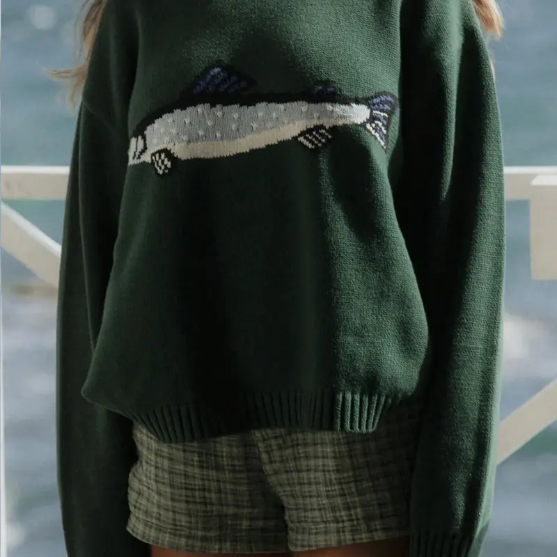 New Fashion Women's Sweater Tops, Autumn Winter Loose High Elastic Fit Round Neck Long Sleeve Pullover Animal Fish Pattern Knitwear, Casual Everyday Wear Fall Winter Knit