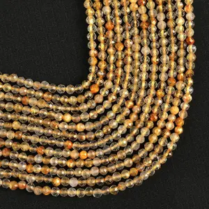 Natural Golden Rutile Quartz Gemstone Round Micro Faceted Beads String 15.5 Inches Long 2/3/4/6 MM for Jewelry Making and Crafting - AS & JG