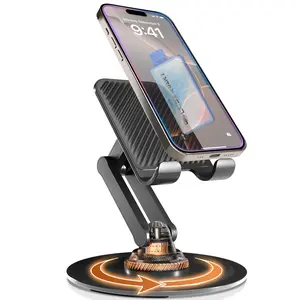 IosstMarry Cell Phone Stand for Desk, 360° Rotating Dual Adjustable Cellphone Foldable Holder, Heavy Solid All-Aluminum Base Anti-Slip Stable Support for Home Office Study, Fits iPhone Galaxy 4-8" Phones