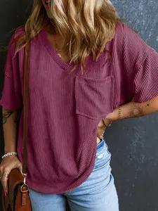 Women's Plain V-Neck Short Sleeve Knit Top, Womenswear, Pocket Design, Fitted Style, Ideal for Daily Commuting/vacations, Everyday