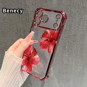 Hibiscus Blooms Pattern Four Corner Anti-Fall Phone Case Transparent Electroplated Protective Cover for iPhone 17 16 Pro Max 15 Plus 14 13 12 11 E Air