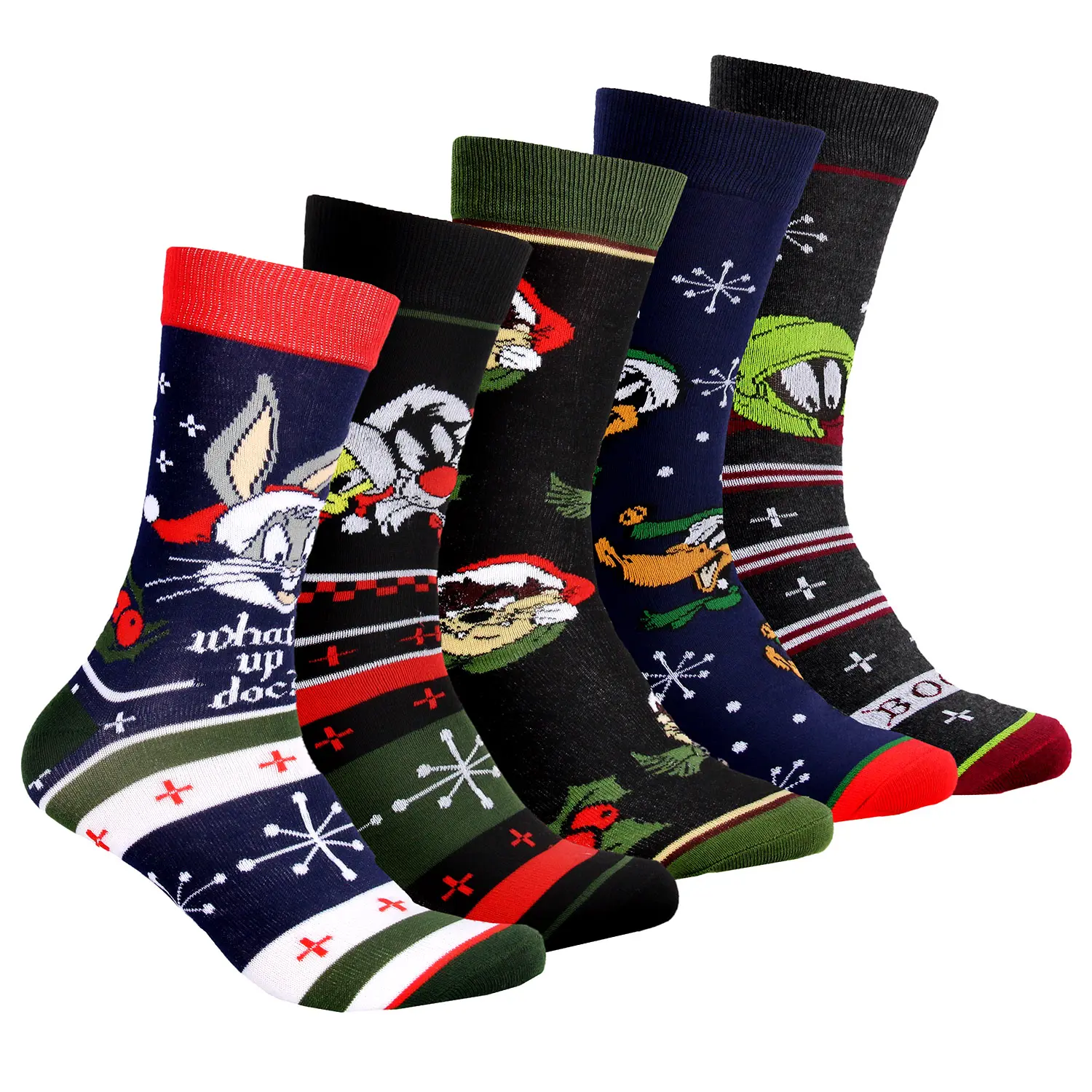 Looney Tunes Mens Character Christmas Holiday Novelty Crew Socks 5 Pack, Multicolor, Polyester