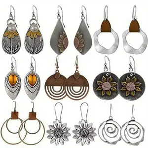 Princess ornament 9 Pairs Of Bohemian Retro Geometric Circular Earrings, Wooden Leather Earrings, Retro Sunflower Earrings, Women's Christmas And Birthday Gifts