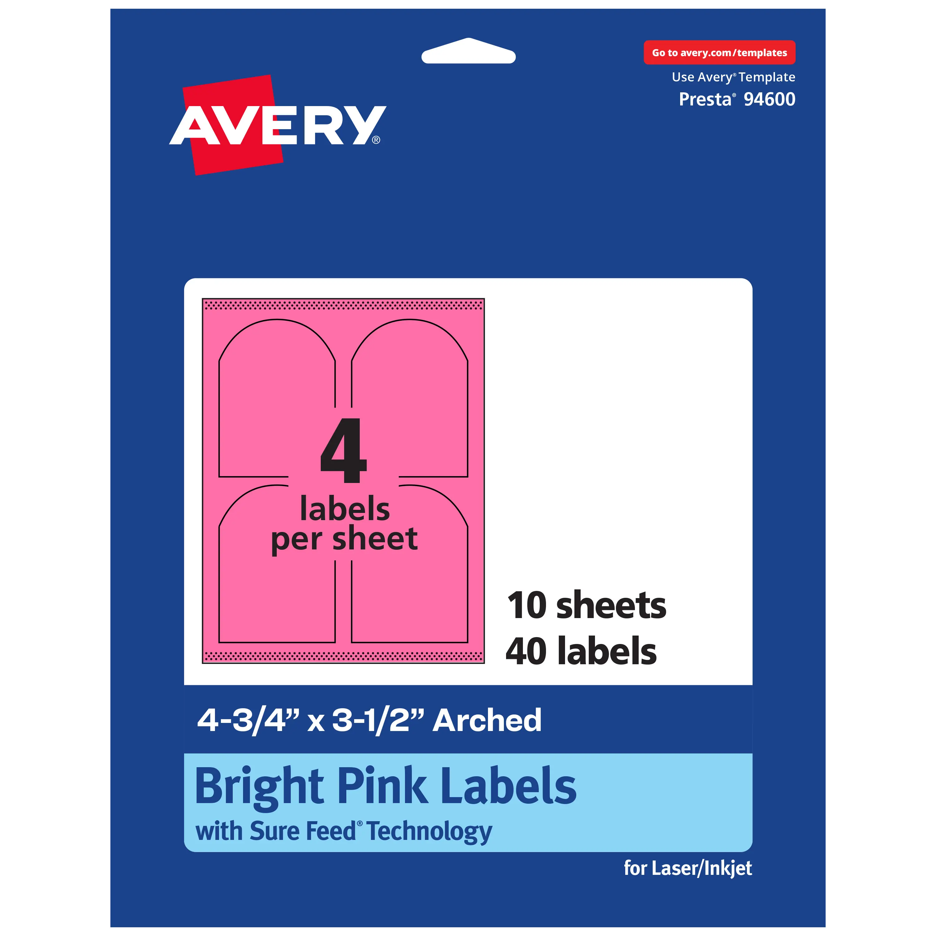 Avery Bright Pink Paper Labels, 4.75" x 3.5" Arched