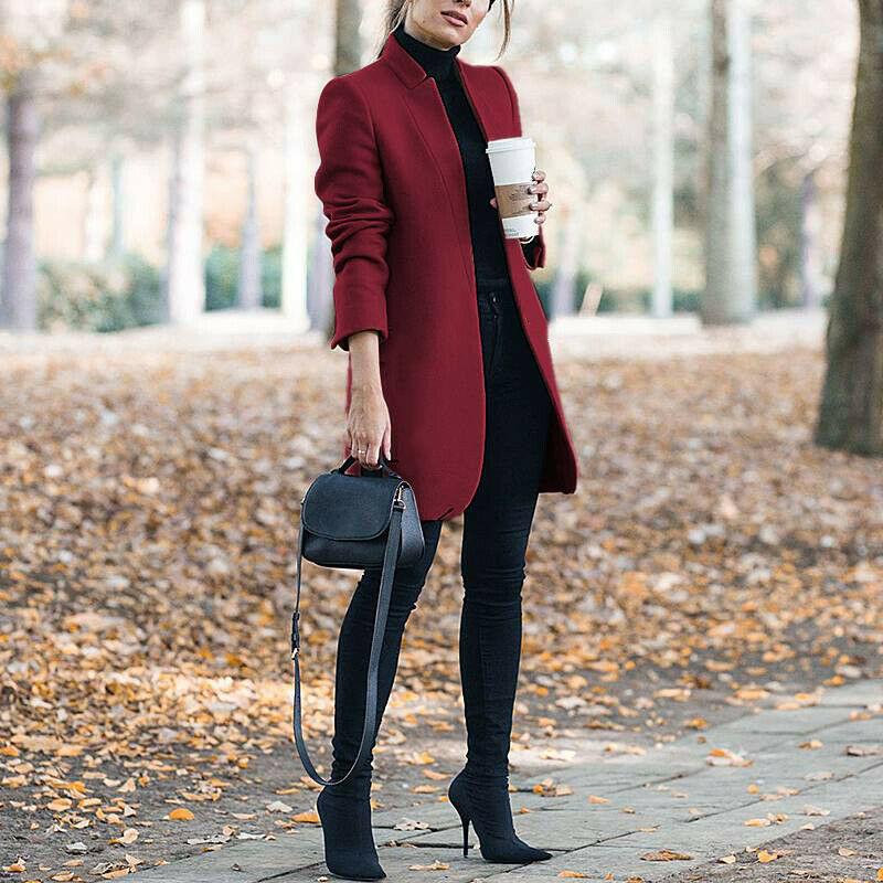 Women's Solid Color Collar Long-Sleeve Woolen Coat, Basic Navy Style, Polyester-Blend Fabric