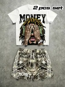 Cool 'money' Print Short Sleeve + Camo Shorts Set, Street Style, Unique Look, Easy Trendy Fashion, Casual Wear