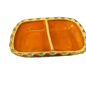 Salsero Ceramic Plate - Orange Divided Serving Tray with Green Trim Design