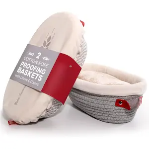 Cotton Rope Banneton Bread Proofing Basket Set, 2 x Oval Bread Basket with Liners & Covers for Artisan Bread Baking, Sourdough Bread Baking Supplies