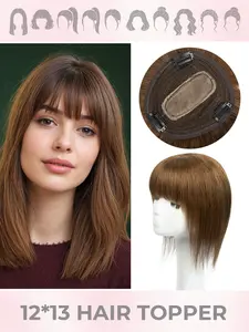 12*13cm Hair Toppers for Women, Real Human Hair with Bangs, Machine-woven Base with 3 Clips In Wiglets Toppers, Human Hair Toppers for Women with Thinning Hair