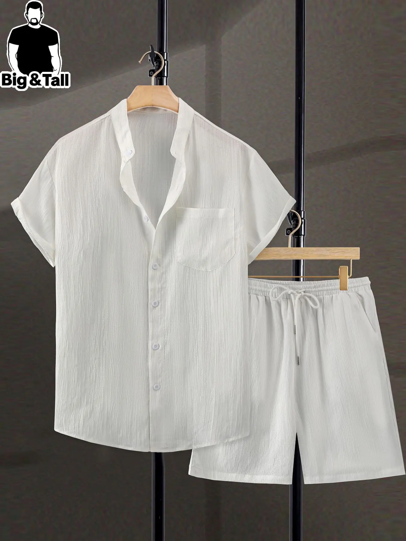 Men's Summer Casual Loose-Fitting Blouse & Shorts Set, Button-Up Short Sleeve Shirt, Drawstring Sporty Shorts, Beach Vacation Wear, Menswear